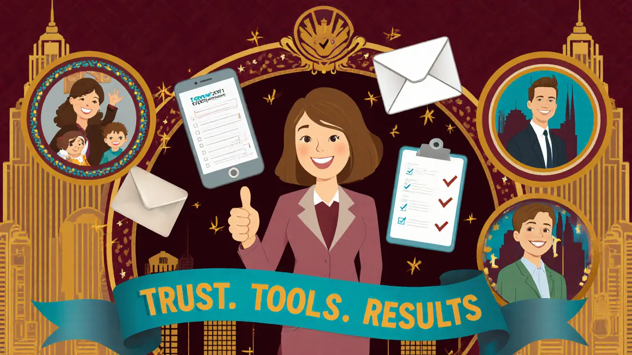 Koláž s terapeutem, aplikacemi a spokojenými klienty v art deco reklamě.