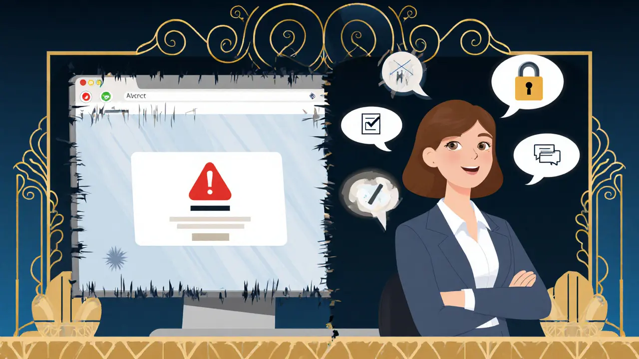 Rozdělený obrazovka ukazuje technické problémy a bezpečnostní symboly v art deco ilustraci.