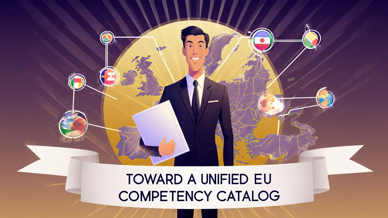 Therapist with diploma beside stylized European map, indicating unified standards, art deco.