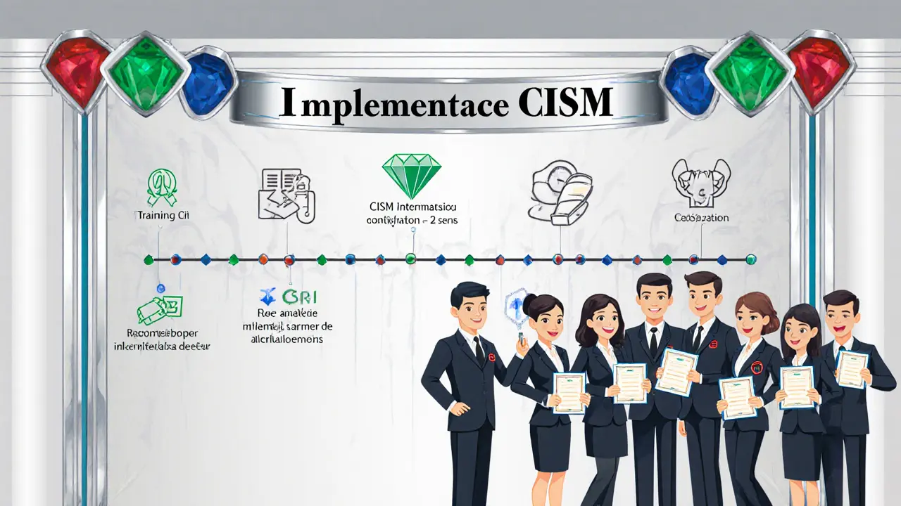 Ilustrace implementačního plánu CISM s certifikáty a digitální platformou.