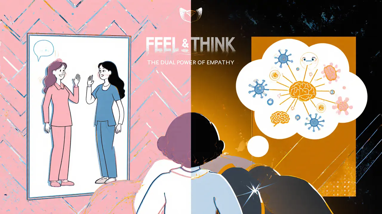 Rozdělený obraz ukazuje afektivní i kognitivní empatii, s motivy zrcadlových neuronů.