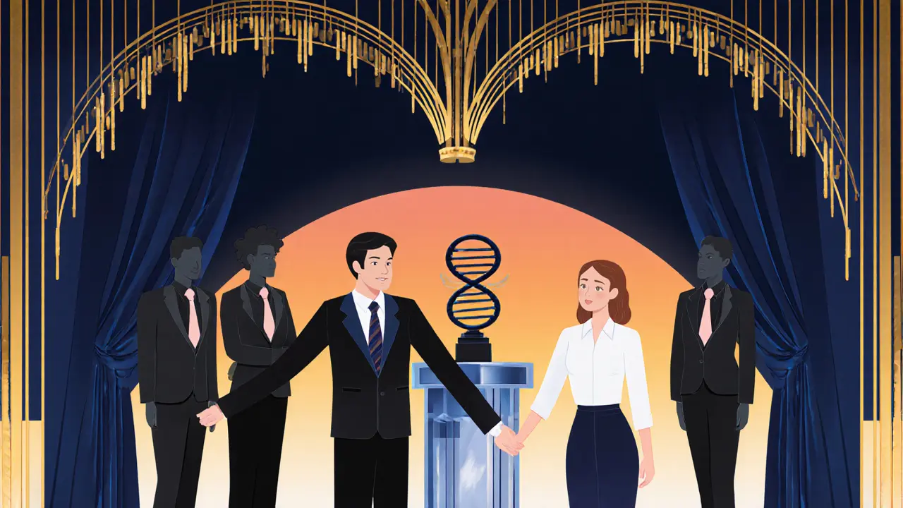 Spokojený pár s terapeutickým duem za nimi, oslavuje úspěšnou terapii.