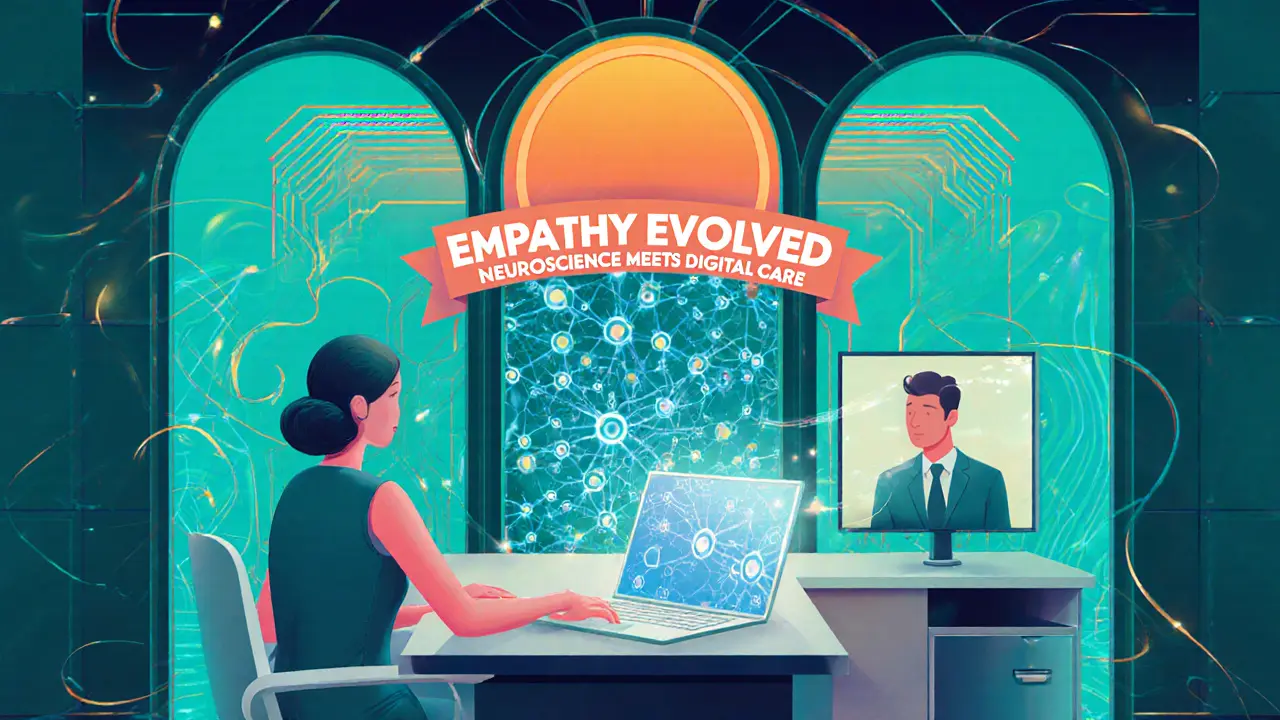 Terapeut a klient v digitálním prostředí, art deco futuristický design.