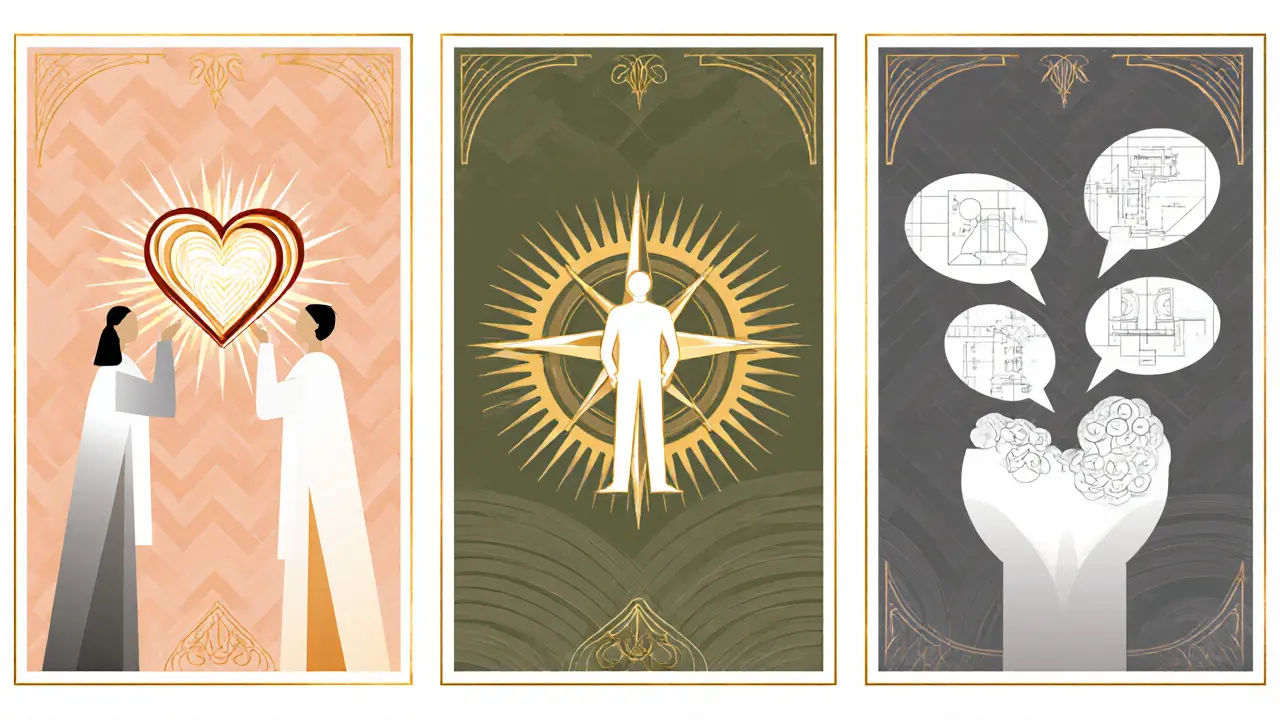 Trojice panelů znázorňujících EFT, ACT a CBT pomocí geometrických motivů.