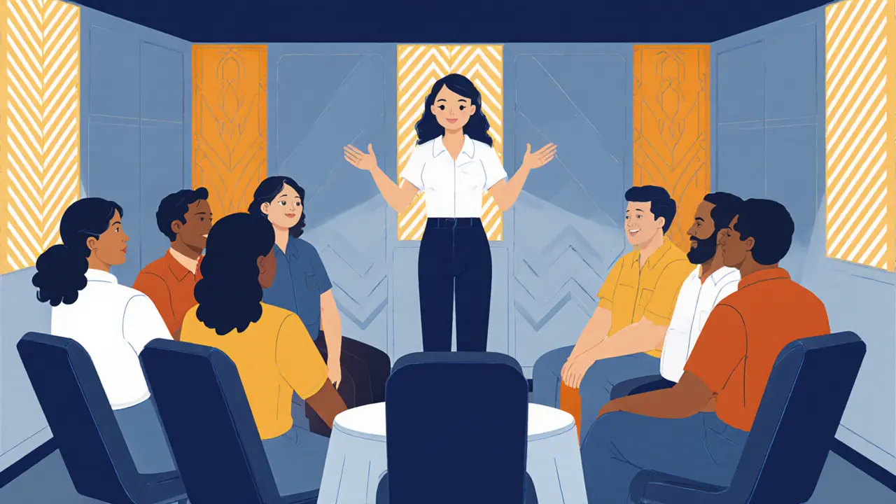 Tým peer podpora provádí defusing po katastrofě v stylizovaném prostoru.