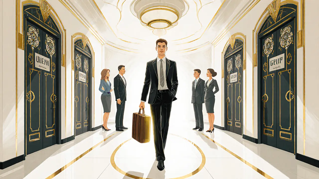 Klient jde po chodbě k různým terapeutickým místnostem, podpořený týmem.