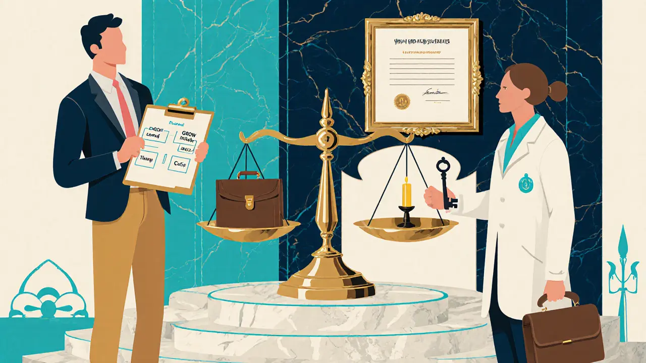 Kouč s diagramem GROW a terapeut s diplomem stojí u váhy, která váží jejich role.