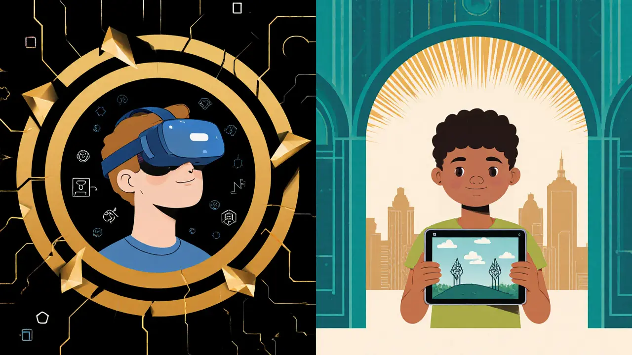 Postava s Oculus Quest 3 na levém a tablet na pravém, v art deco designu.