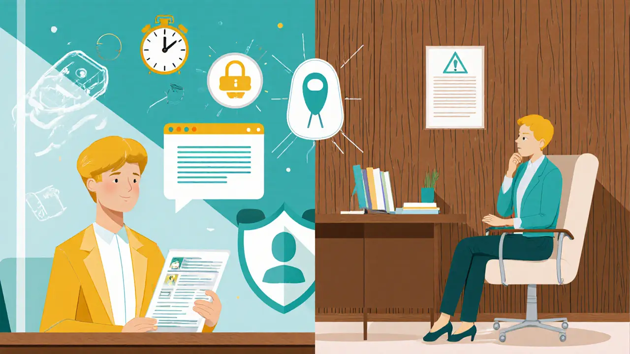 Rozdělený obrázek: AI chatbot s nízkou cenou a dostupností vs. lidský terapeut v útulné kanceláři.