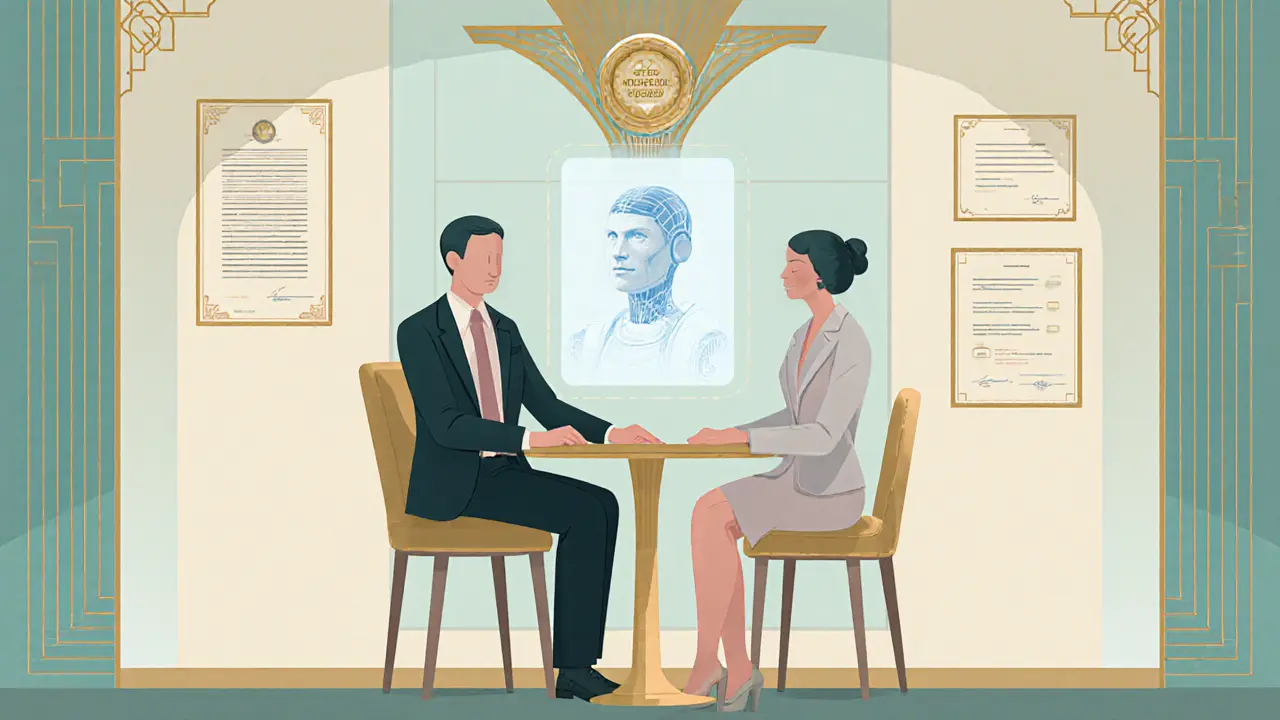 Terapeut a AI hologram spolupracují v moderní klinice s art deco dekoracemi.