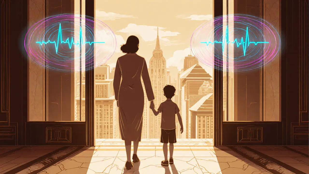 Terapeut a dítě po VR sezení, s biofeedback vizuály v art deco prostředí.