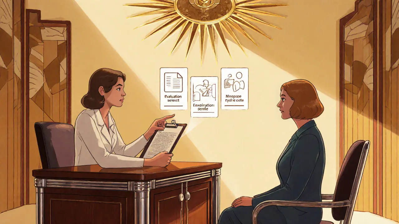 Terapeut a klient v elegantní místnosti diskutují o plánu přechodu.