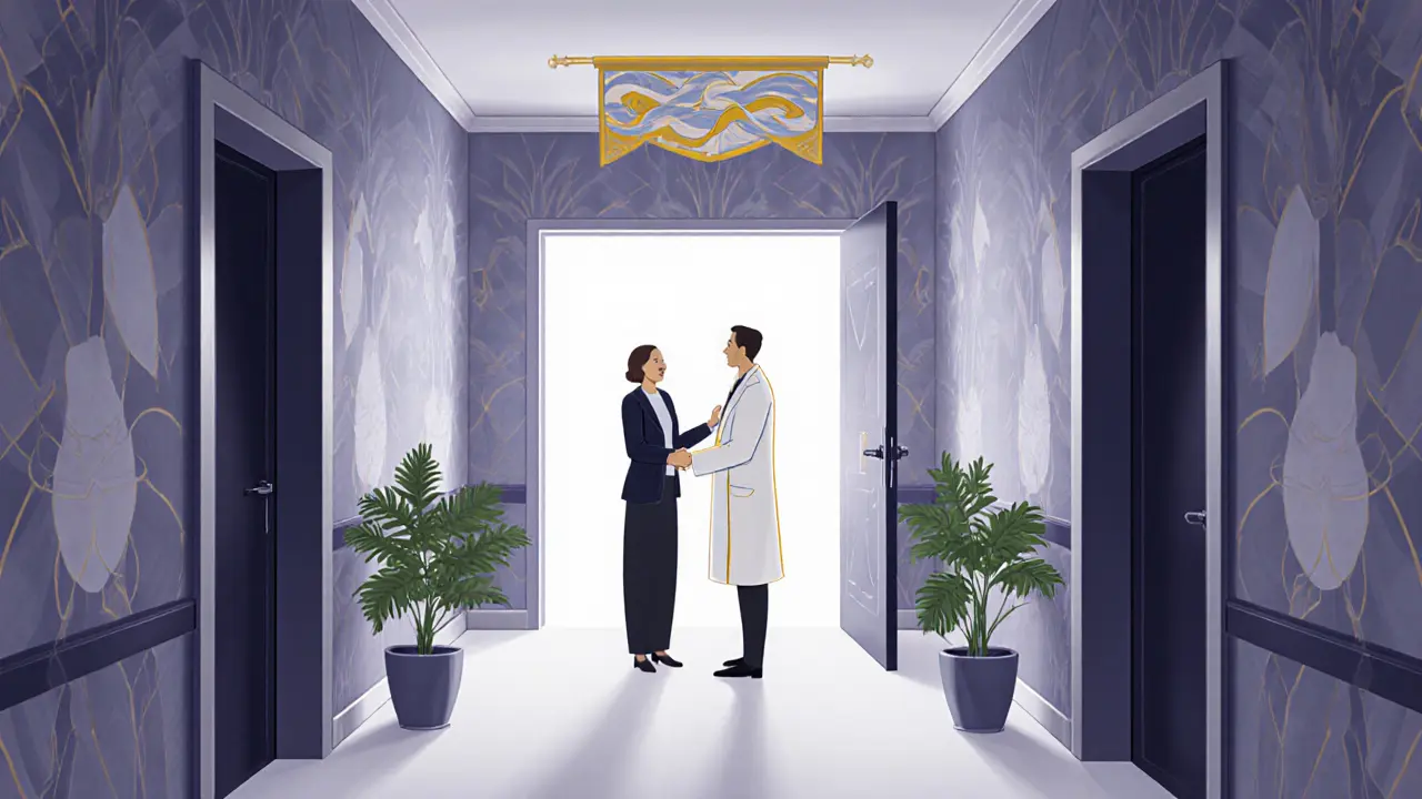 Facilitátor vítá nového účastníka v moderní klinice s Art Deco dekoracemi.