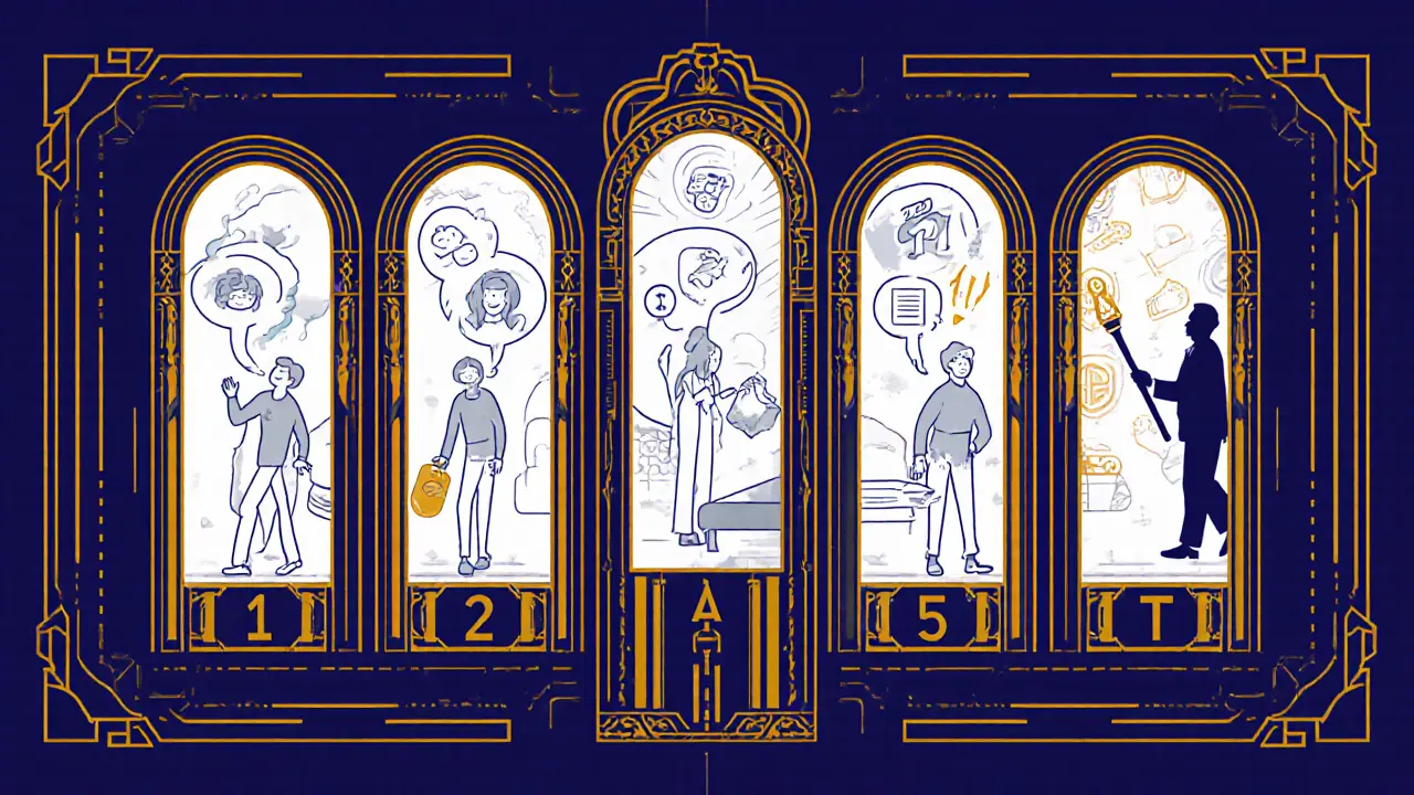 Grafické znázornění pěti kroků 5T v sérii geometrických panelů.