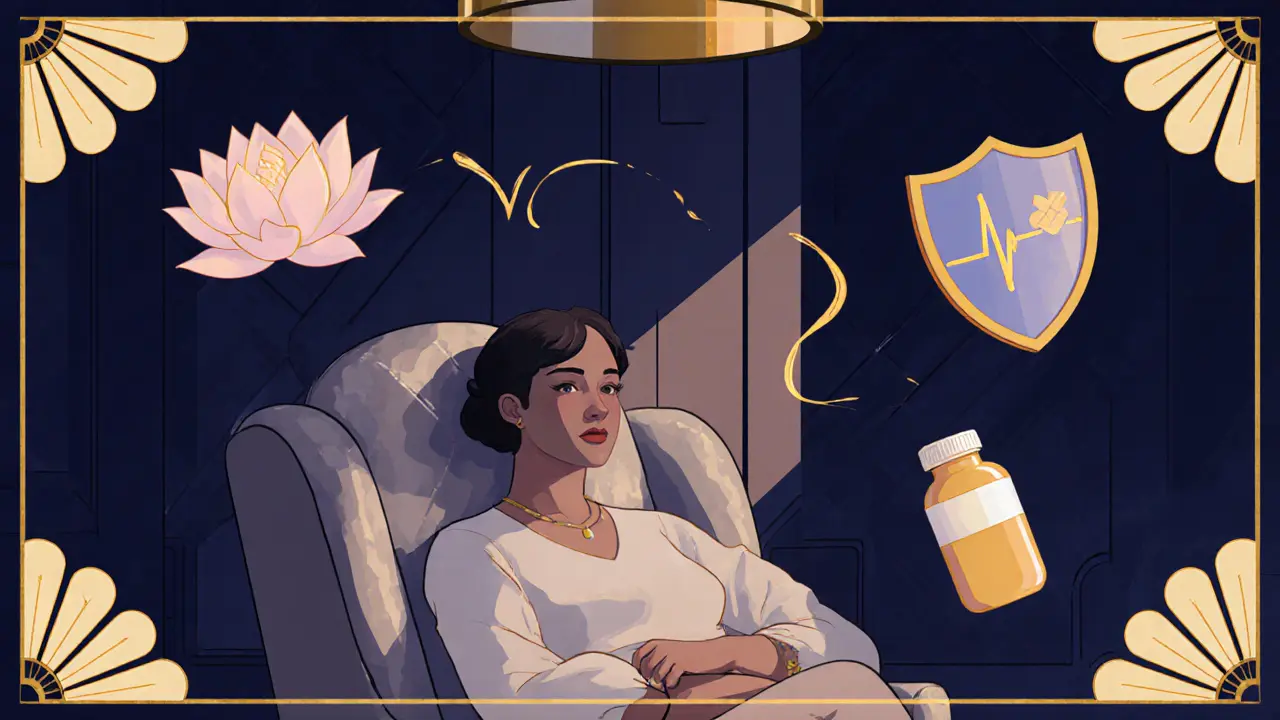 Osoba v křesle, kolem ní ikony MBRP, RP a MAT, s pulzní čárou.