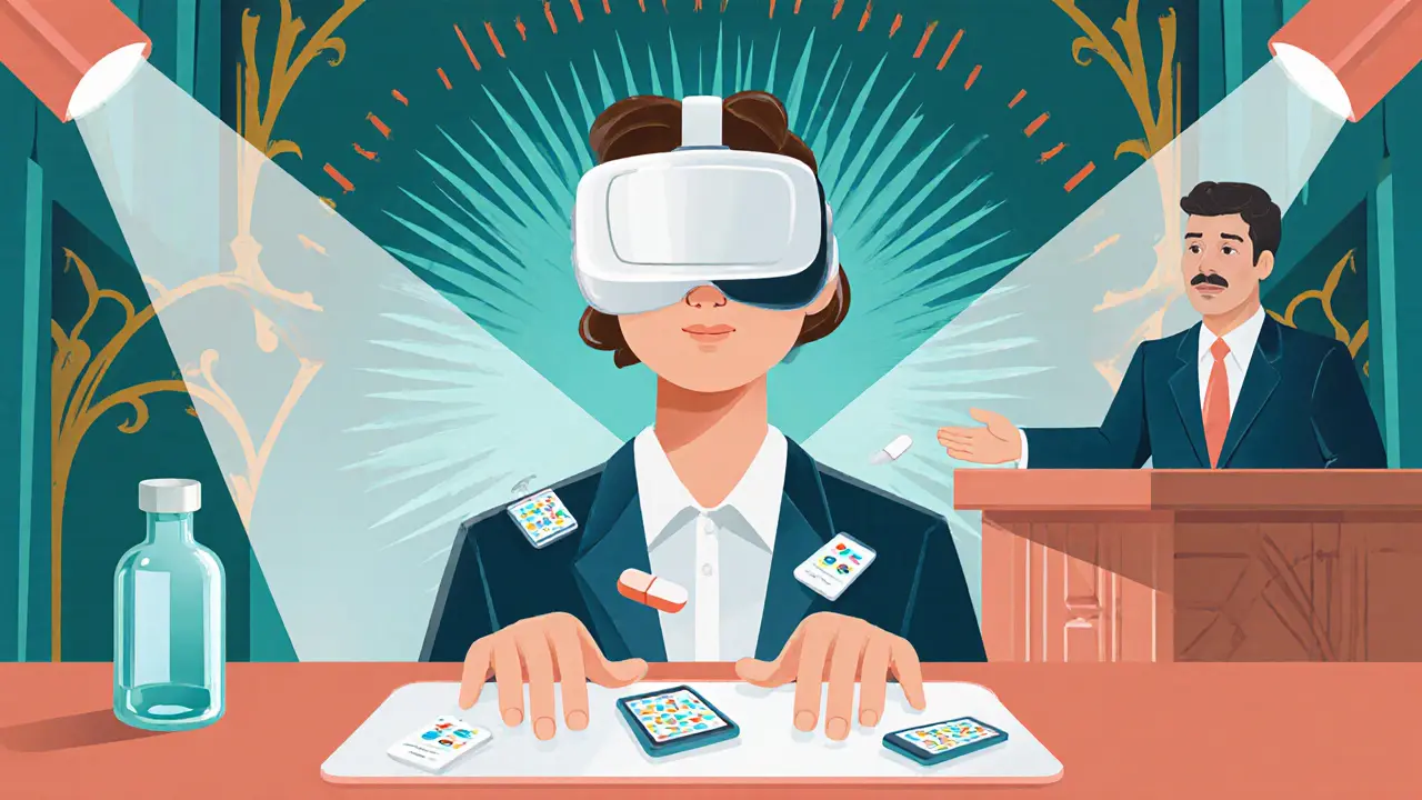 Osoba v VR headsetu, doplněná o aplikaci a tabletu, v art deco reklamní scéně.