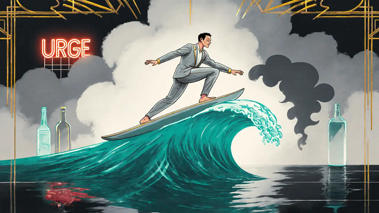 Postava surfuje po vlně chuti, obklopena slabými siluetami spouštěčů.