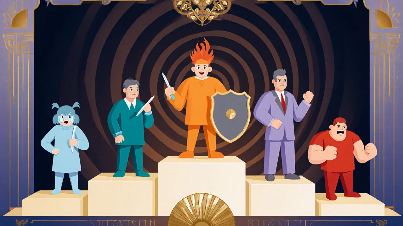 Šest postav představujících schémové módy v art deco rámečku.