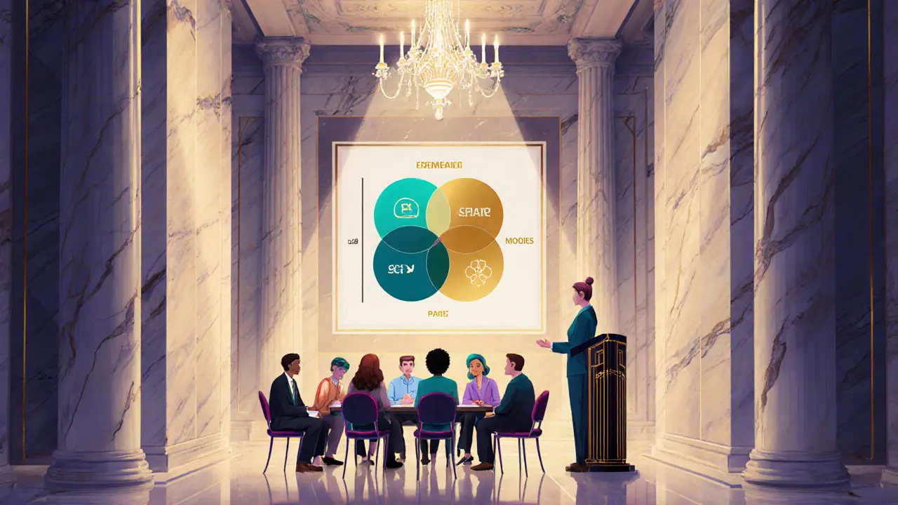 Skupinová terapie v elegatním sále s art deco dekoracemi a schémovým diagramem.