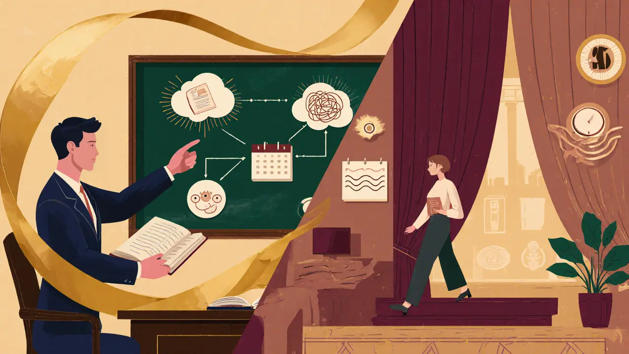 Terapeut a klient s vizuálními symboly čtyř kroků KBT v art deco ilustraci.