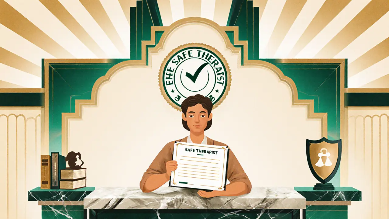 Klient drží certifikát se schváleným razítkem, za ním září art deco světlo naděje a ochrany.