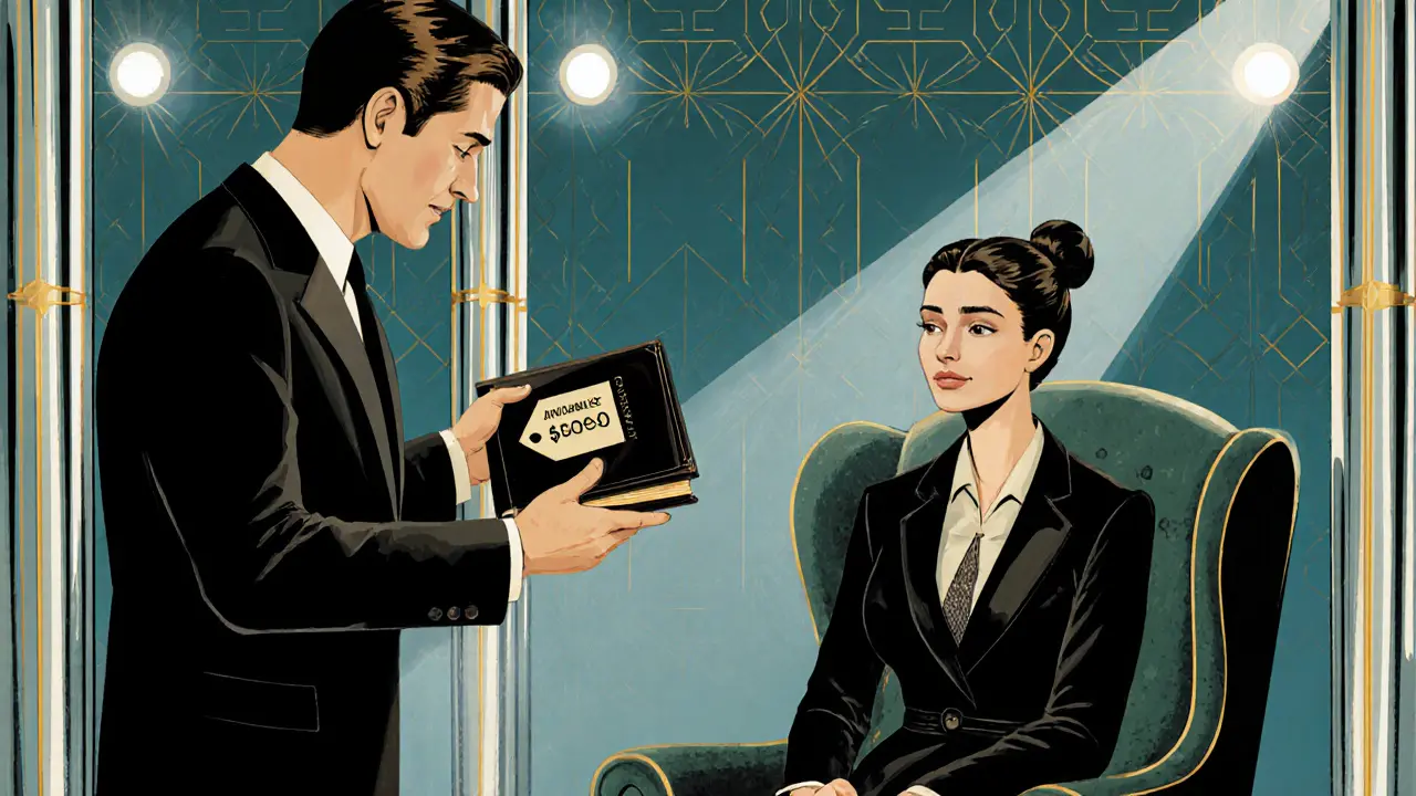 Terapeut podává klientovi luxusní knihu s cenovkou, klient v nejistotě, ve vintage art deco prostředí.