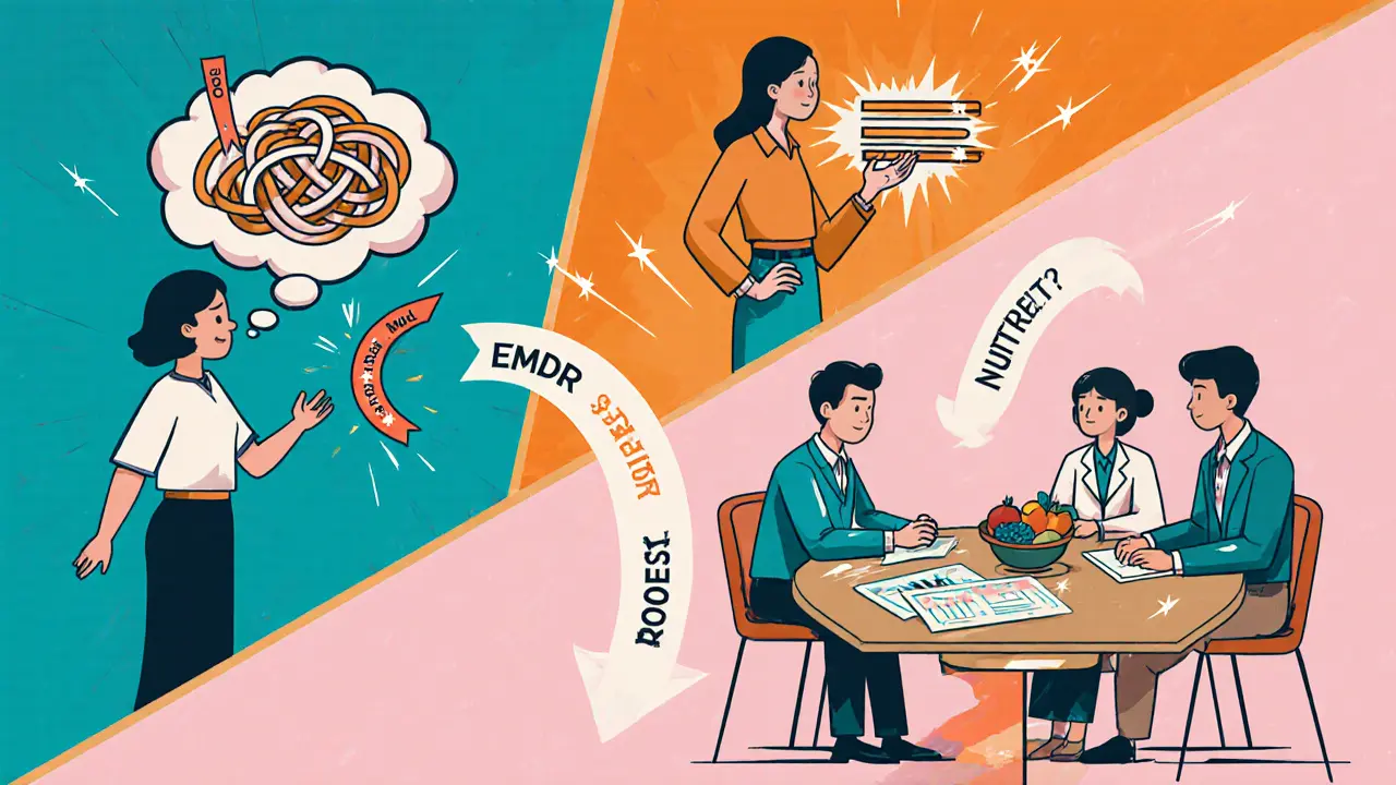 Ukázka ERP, EMDR a týmové terapie u PPP v art deco ilustraci.