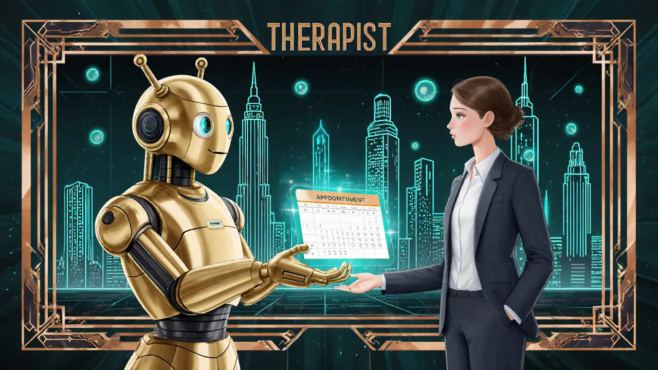 AI robot podává holografický rozvrh terapeutovi v futuristické Art Deco scenérii.