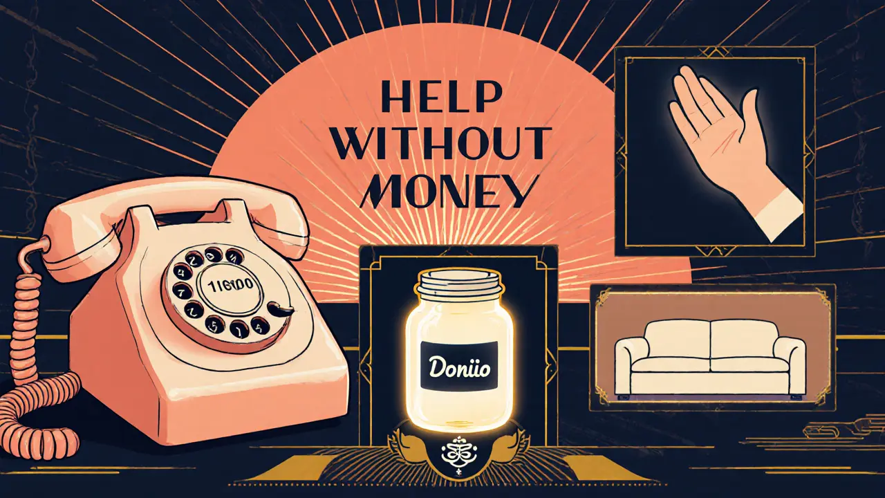 Koláž s telefonem krizové linky, sbírkou, EFT, Reiki a dalšími možnostmi bez nákladů.