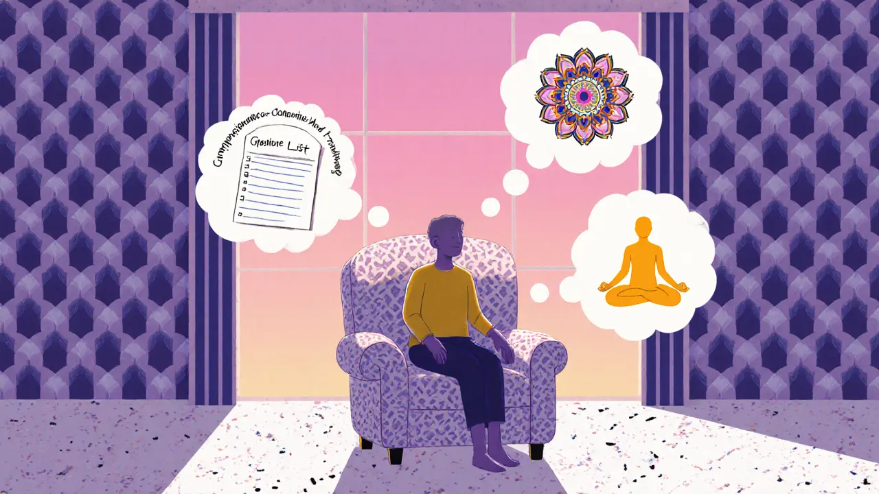 Osoba cvičí CMT, kolem ní bubliny s vděčností, meditací a soucitným já.