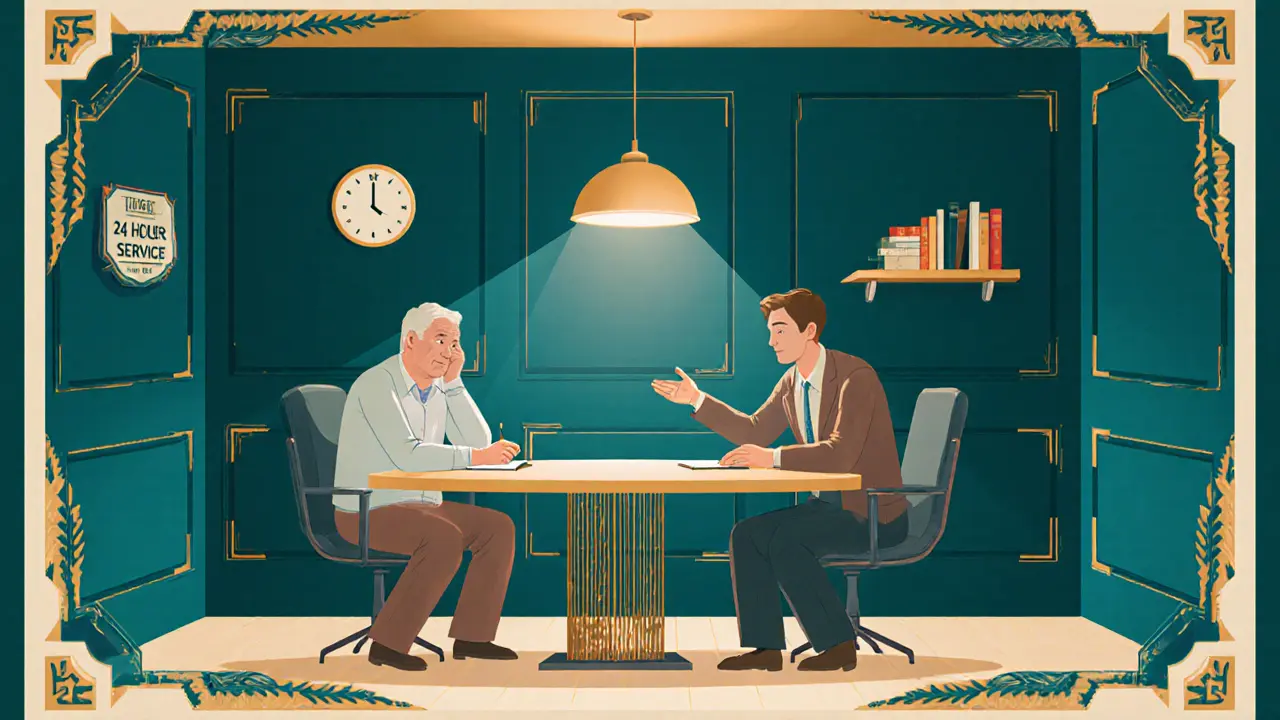 Psycholog a klient v interiéru krizového centra, zklidněná atmosféra a soustředěné osvětlení.