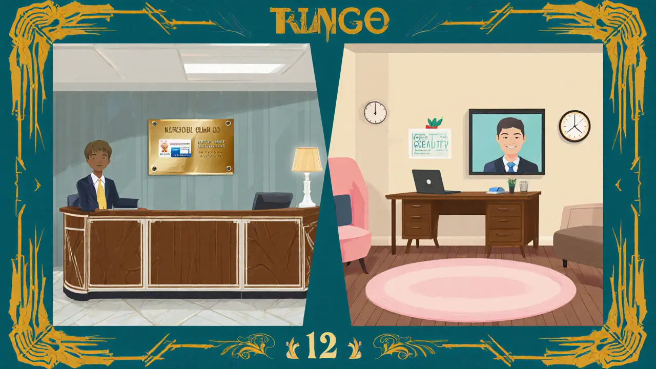 Rozdělený obrázek ukazující kliniku s pojištěním vlevo a domácí video terapii vpravo.