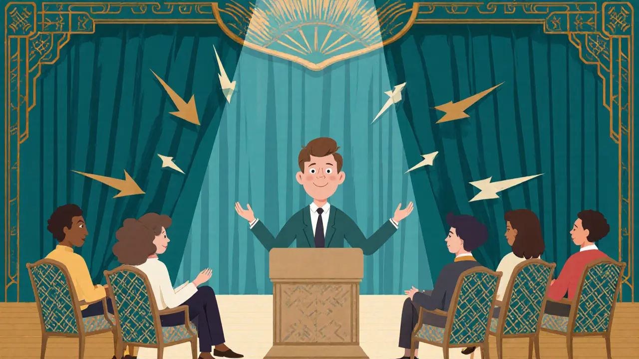 Sebevědomý člověk hovoří před publiku, symbolizuje úspěšnou terapii.