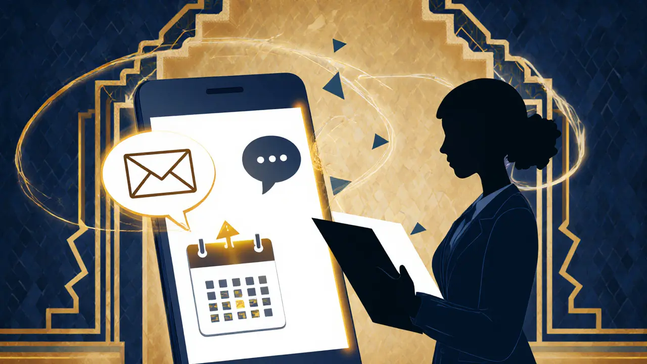 Smartphone s emailovou a SMS ikonou, kalendářem a terapeutem u stolu.