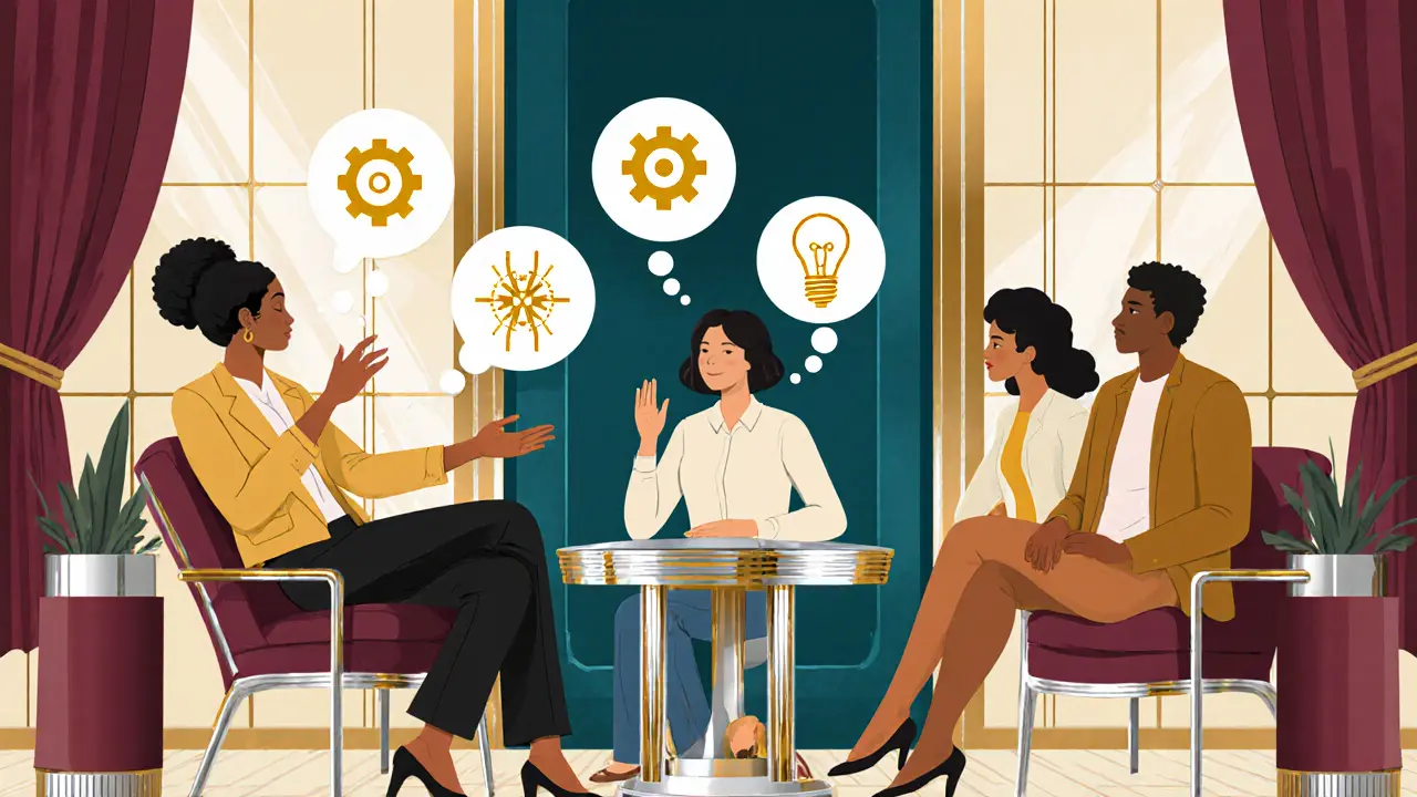 Terapeut a klient v art deco pokoji, doprovázeni skupinou v terapii.