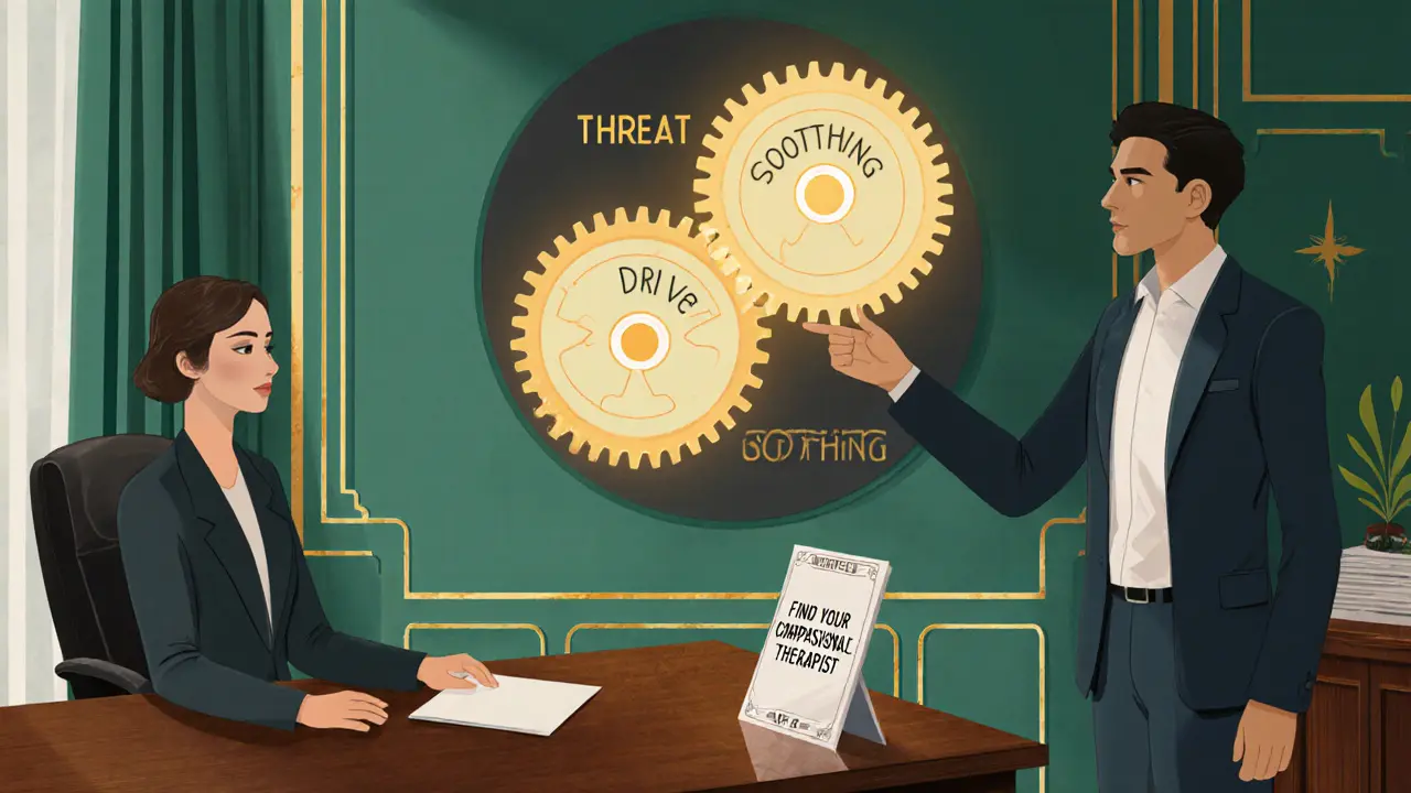 Terapeutická kancelář s diagramem tří emočních systémů a brožurou CFT.