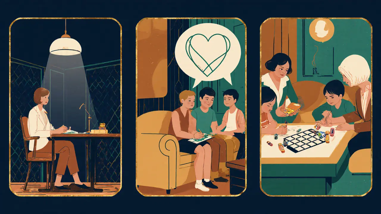 Tři scénky: individuální, párová a rodinná terapie v stylizovaných interiérech.