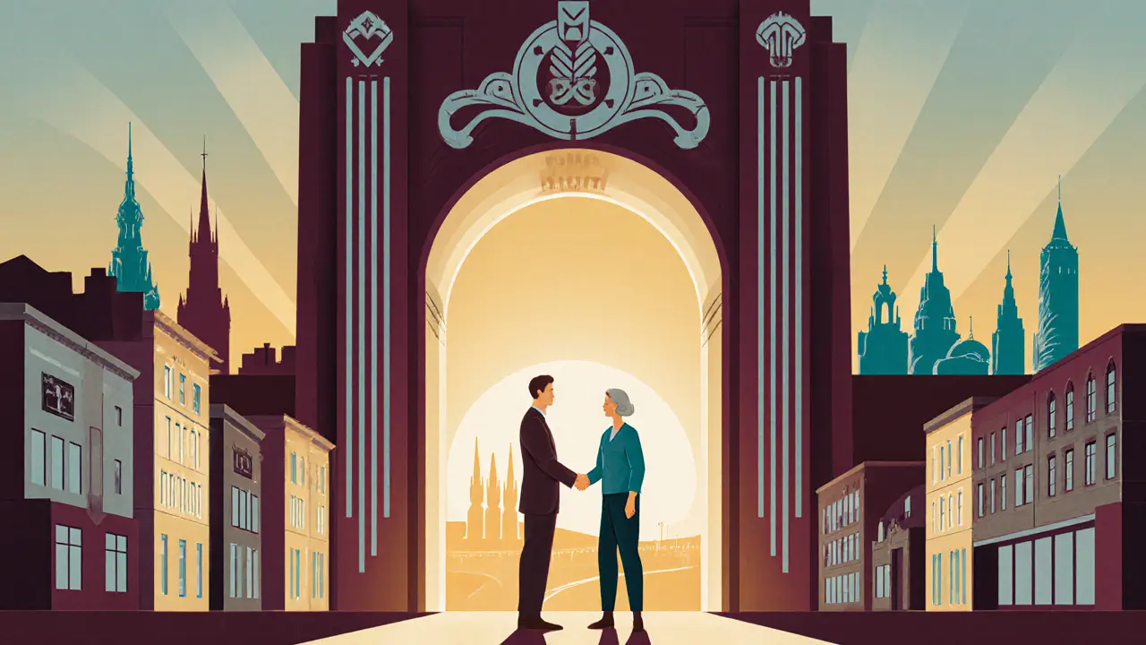 Dospělý a terapeut si podají ruce před novými centry v art deco městě.