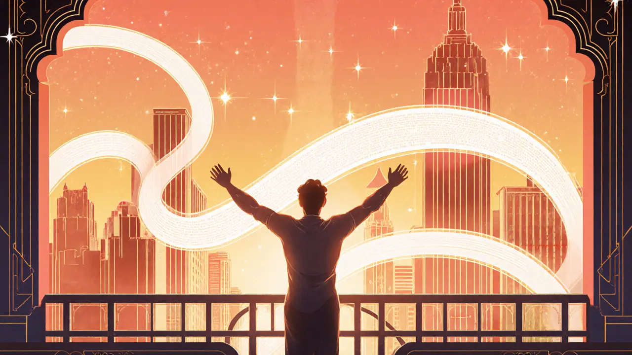 Osoba s jasným životním příběhem kráčí sebejistě, obklopena art deco ornamenty.