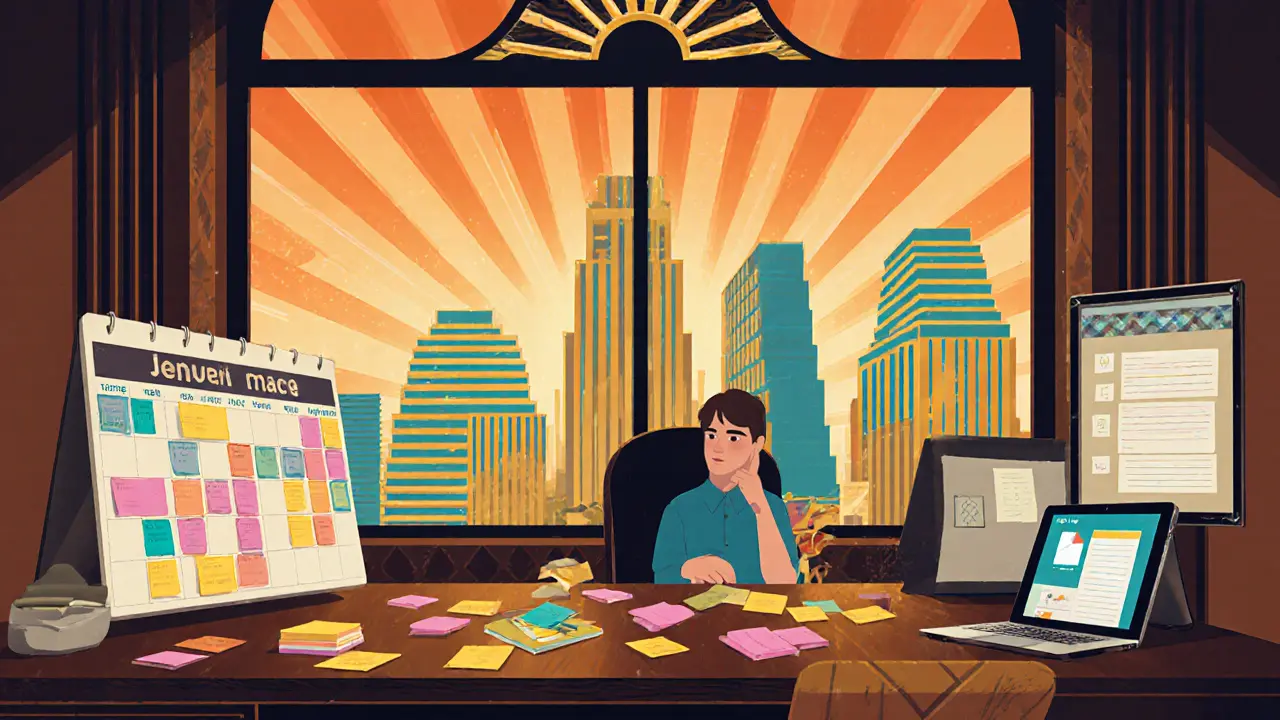 Pracovní stůl s časovým blokováním, poznámkami a aplikacemi v art deco stylu.