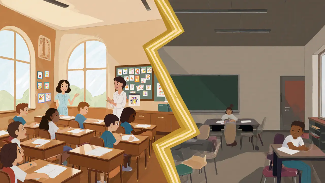 Rozdělený obrázek ukazuje inkluzivní třídu i speciální třídu s různými podmínkami.