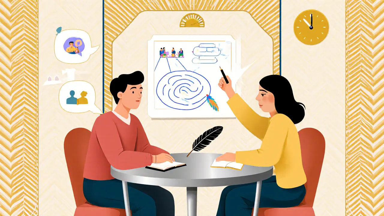 Terapeut a klient cvičí komunikační dovednosti u stolu, obklopeni grafickými bublinami a diagramy.