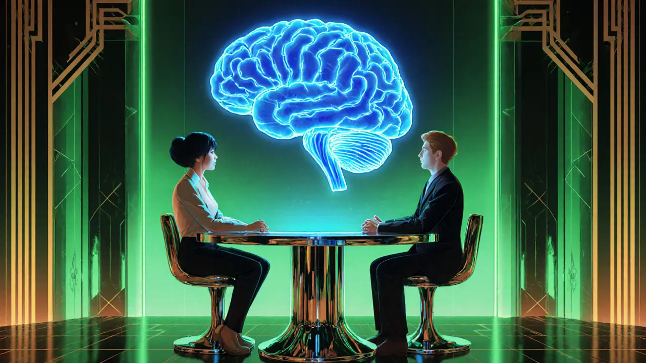 Terapeut a klient u holografického mozku v moderním art deco stylu.