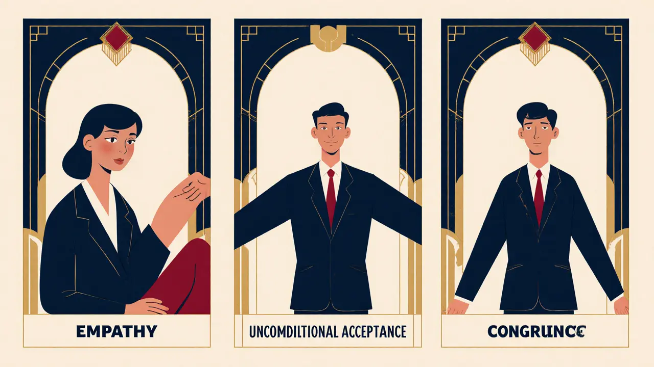 Tři panelové ilustrace zobrazují empatii, bezpodmínečné přijetí a kongruenci terapeuta.