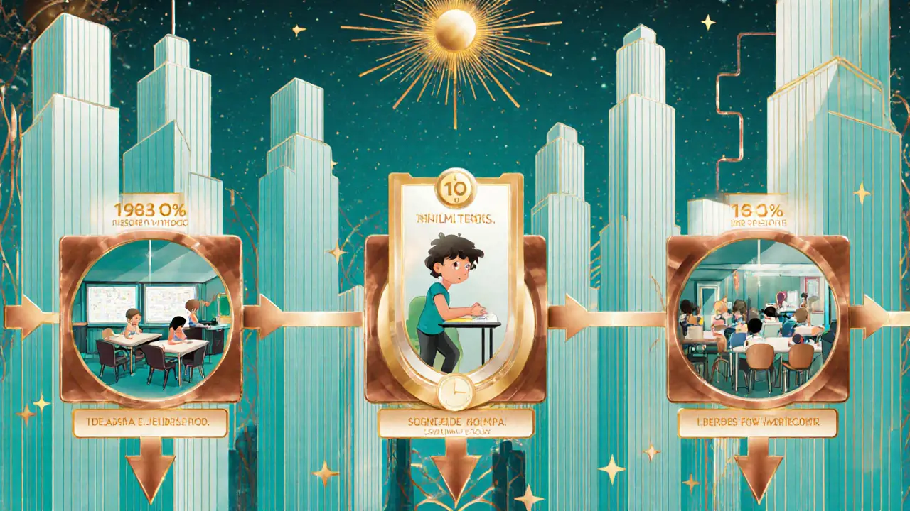 Zobrazení hybridního modelu: dítě přechází mezi běžnou třídou, senzorickým prostorem a dílnou.