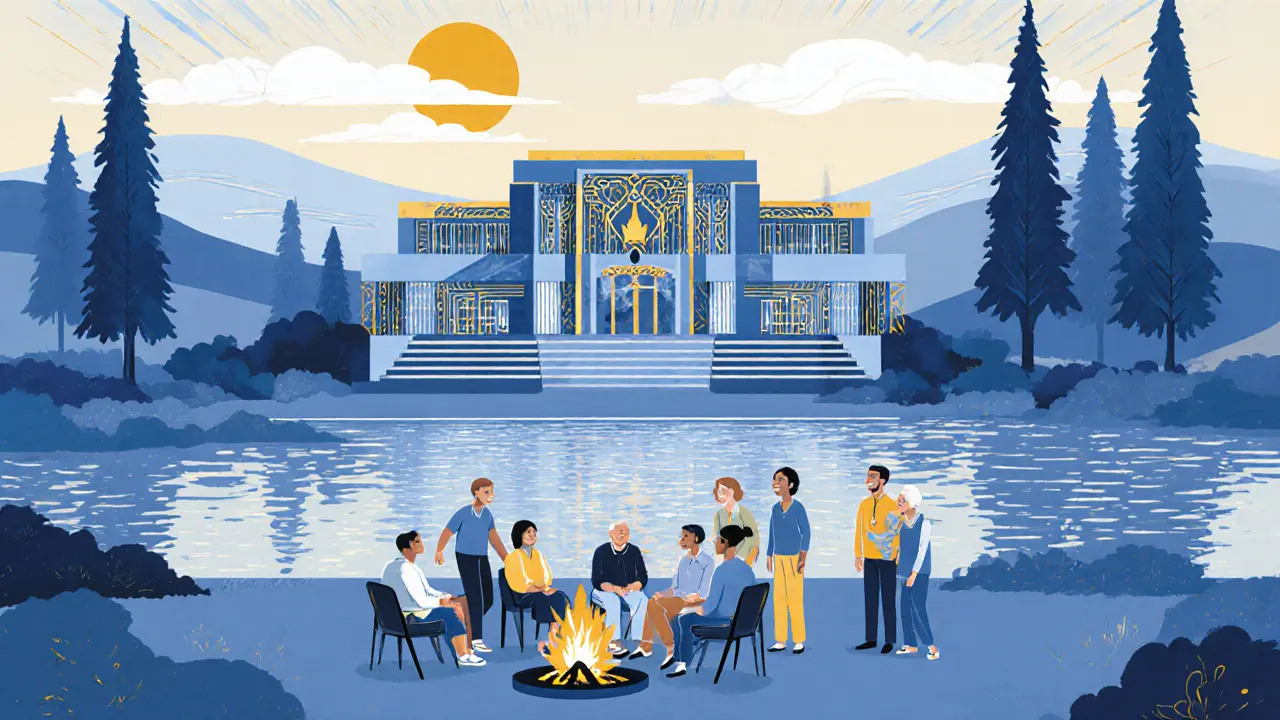 Kaleidoskopová komunita u jezera, lidé a rodina společně v podpoře.