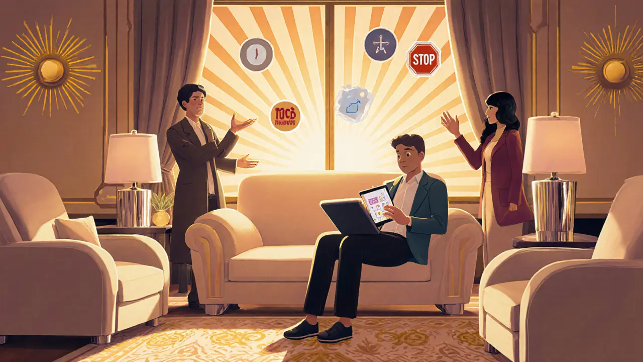 Klidná obýváková scéna, dospělý používá aplikaci, terapeut a rodina podporují, art deco dekor.