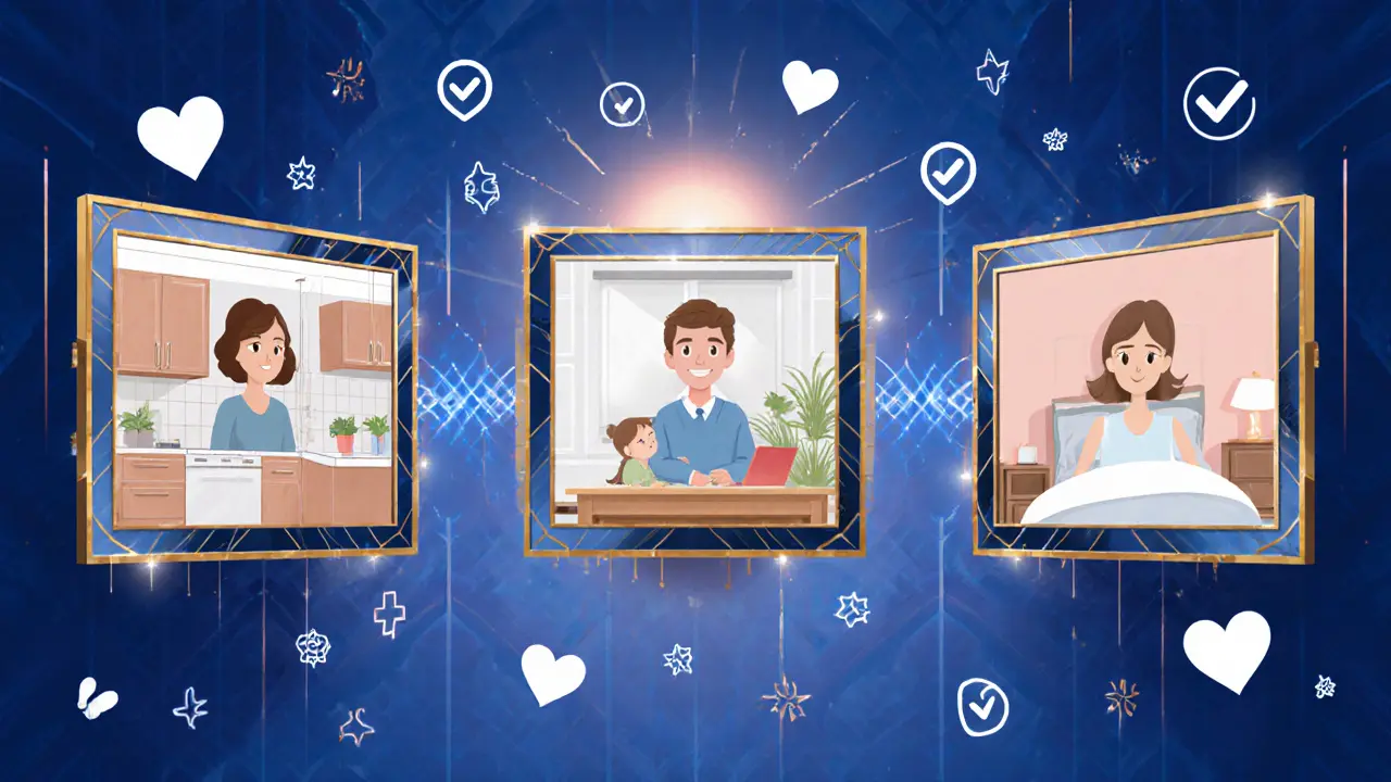 Online setkání rodiny přes videokonferenci, každý v jiném domově, spojený Art Deco design.