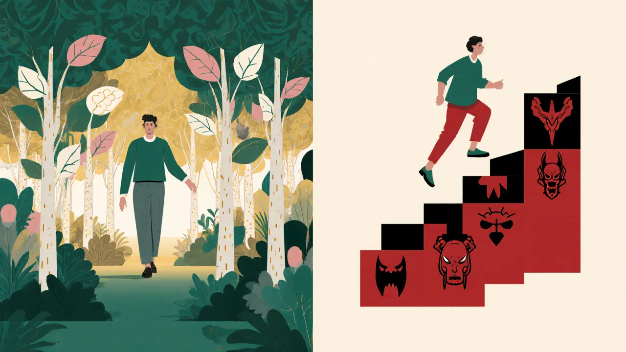 Osoba praktikuje mindfulness v „myšlenkovém lese“ a zároveň provádí expozici.