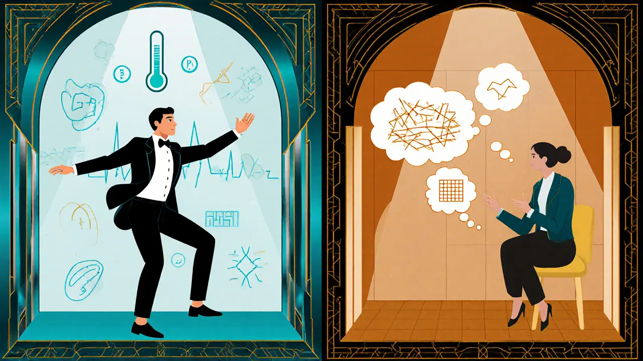 Porovnání DBT a KBT: postavy cvičí TIPP a mění myšlenkové bubliny, art deco rám.